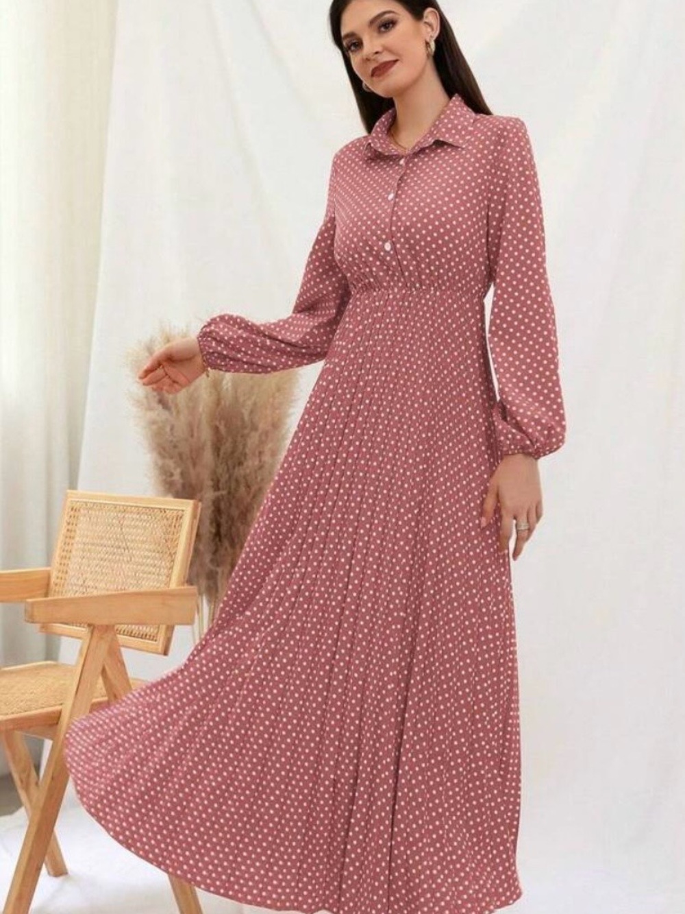 Women's Dusty Rose Polka Dot pleated Maxi  Dress